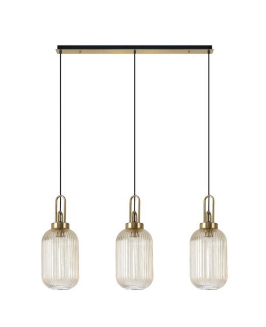 Glenn 3 Light Tubular Linear Pendant In Brass Gold With Champagne Ribbed Glass 