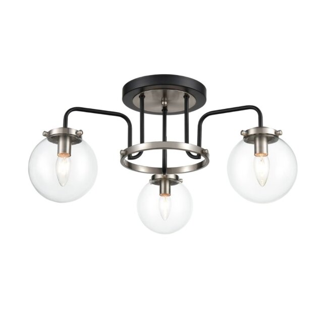 Stone 3 Light Flush Ceiling Light In Black And Nickel With Clear Glass F2437-3