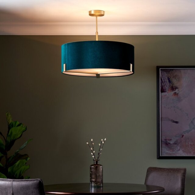Endon 95839 Hayfield 3 Light Ceiling Pendant In Matt Antique Brass Finish With Green Velvet Shade