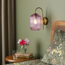 Dar Lighting Idra Wall Light In Aged Bronze Finish With Pink Ribbed Glass Shade