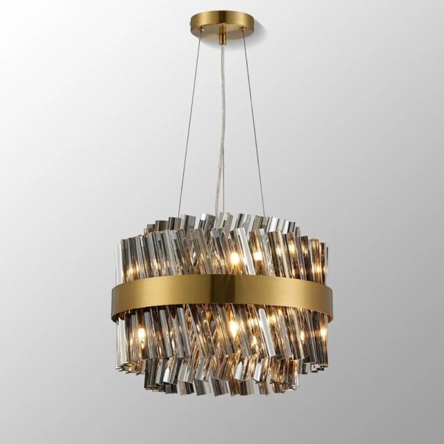 Hampton 10 Light Round Ceiling Pendant Light In Brass Finish With Smoked Glass 40cm