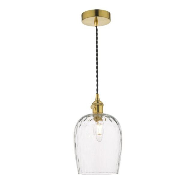 Dar Lighting Hadano Single Ceiling Pendant Light In Natural Brass With Dimpled Glass Shade