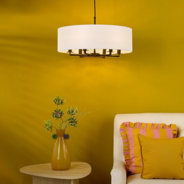 Dar Lighting Tyler 6 Light Ceiling Pendant In Matt Black With White Linen Shade