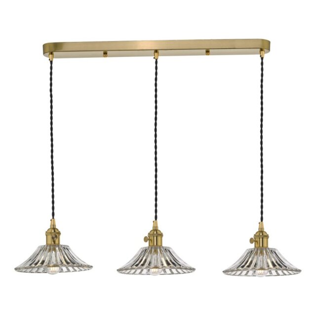 Dar Lighting Hadano 3 Light Bar Ceiling Pendant Light In Natural Brass With Flared Glass Shades