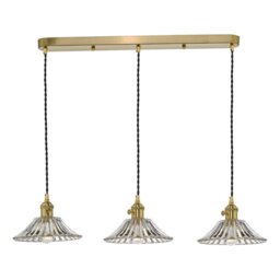 Dar Lighting Hadano 3 Light Bar Ceiling Pendant Light In Natural Brass With Flared Glass Shades