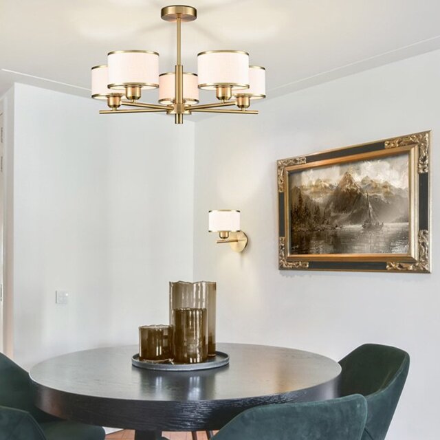Franklite Polaris 5 Light Semi Flush Ceiling Light In Aged Brass With Fabric Shades FL2498-5
