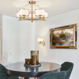 Franklite Polaris 5 Light Semi Flush Ceiling Light In Aged Brass With Fabric Shades FL2498-5