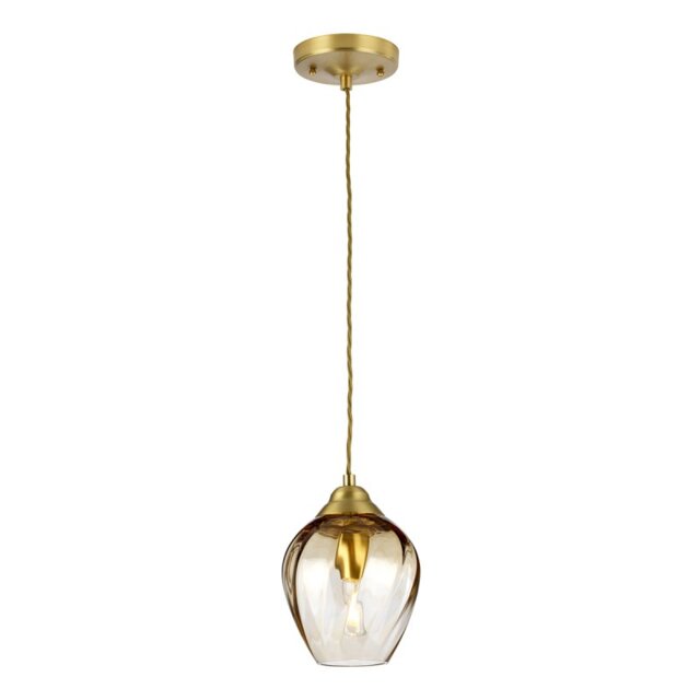 Elstead TIBER-P-AMBER Tiber 1 Light Ceiling Pendant In Brushed Brass Finish With Amber Glass