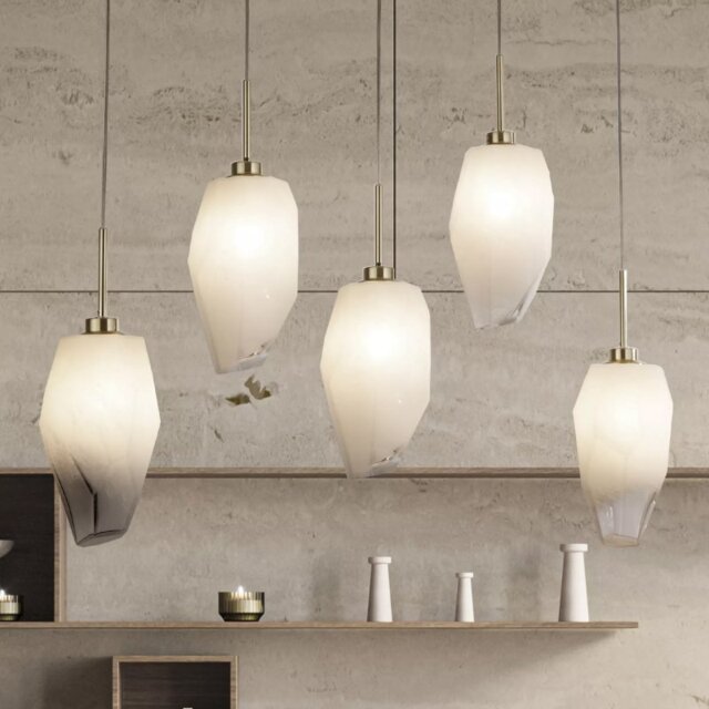 Searchlight Rocky 5 Light Bar Ceiling Pendant Light In Satin Brass Finish With Glass Shades 23145-5SB