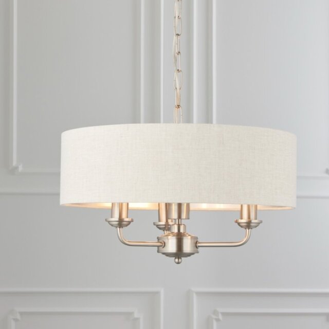 Endon Lighting 94361 Highclere 3 Light Ceiling Pendant In Brushed Chrome With Natural Shade
