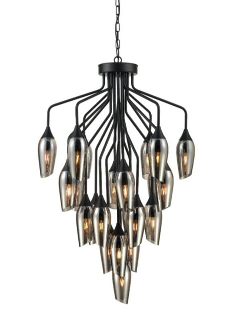 Franklite FL2420-22/345 Taper 22 Light Ceiling Pendant Light In Matt Black With Smoked Glass