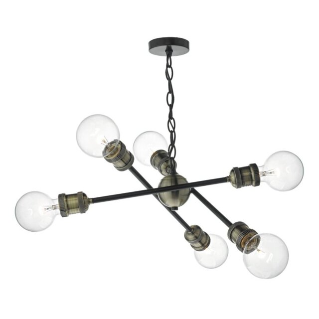 Dar BRI0654 Brigade 6 Light Pendant Light In Black And Antique Brass