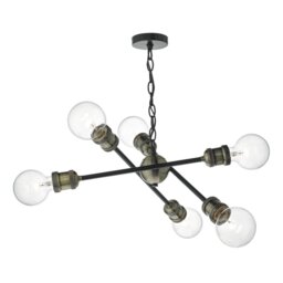 Dar BRI0654 Brigade 6 Light Pendant Light In Black And Antique Brass