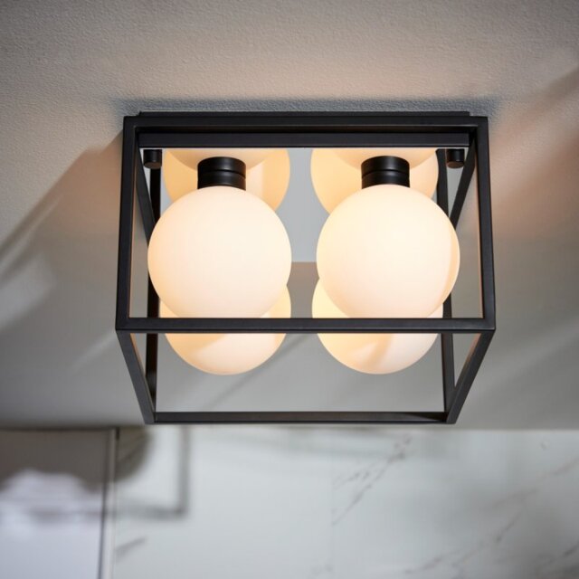 Globule Bathroom 4 Light Flush Ceiling Light In Matt Black With Opal Glass Shades IP44