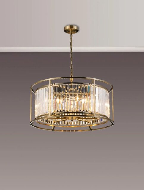 Crown 65 cm Convertible Pendant Or Semi Flush Light In Antique Brass Finish with Crystal Glass