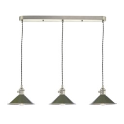 Dar Lighting Hadano 3 Light Bar Ceiling Pendant Light In Antique Chrome With Olive Shades