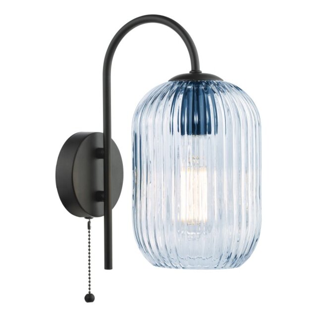 Dar Wisebuys Idra Wall Light In Satin Black And Blue Ribbed Glass