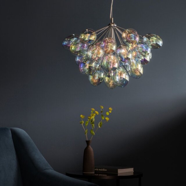 6 Light Ceiling Pendant Light In Chrome Plate With Iridescent Glass