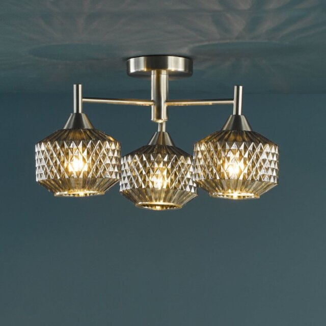 Dar Wisebuys Fabrienne 3 Light Semi Flush Ceiling Light In Satin Nickel And Smoked Glass