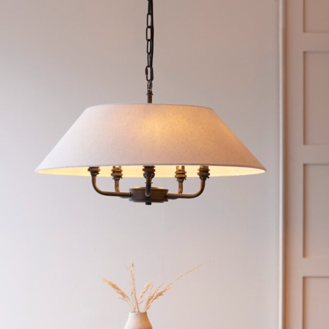 Endon 112955 Lille 5 Light Ceiling Pendant Light In Matt Black Finish With Natural Linen Shade