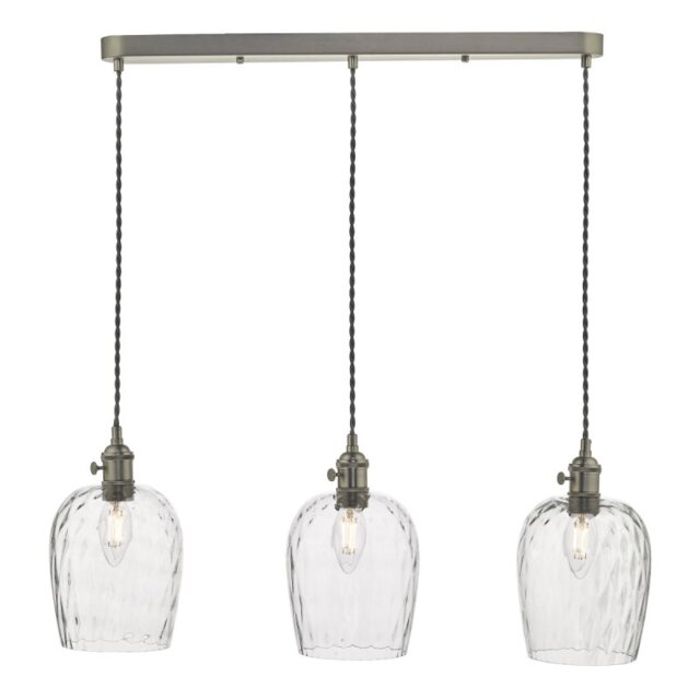 Dar Lighting Hadano 3 Light Bar Ceiling Pendant Light In Antique Chrome With Dimpled Glass Shades