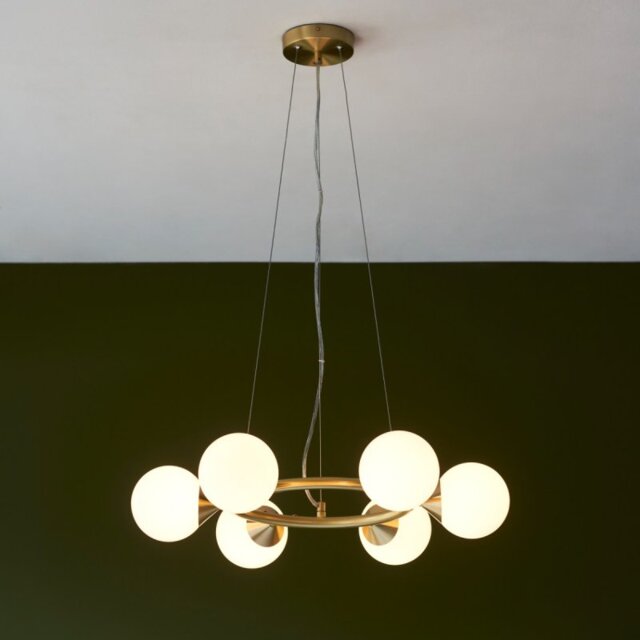 Teardrop 6 Light Ring Ceiling Pendant In Satin Brass Finish With Gloss White Glass Shades