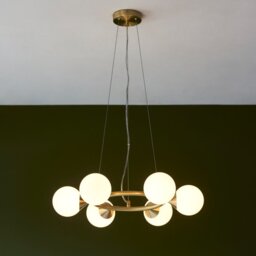 Teardrop 6 Light Ring Ceiling Pendant In Satin Brass Finish With Gloss White Glass Shades