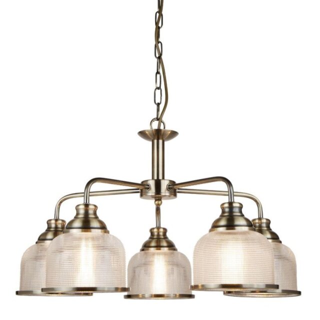 Searchlight 1685-5AB Bistro II Five Light MultiArm Ceiling Light In Antique Brass With Glass Shades