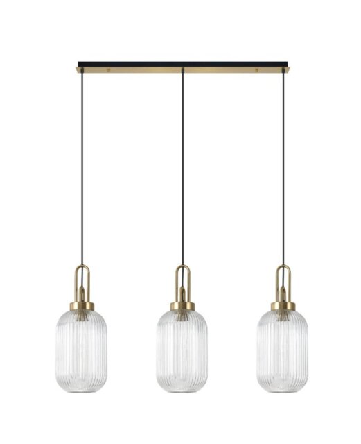 Glenn 3 Light Tubular Linear Pendant in a Brass Gold With Clear Ribbed Glass