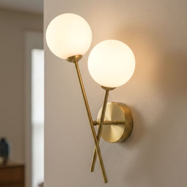 Firstlight 6909BB Lando 2 Light Wall Light In Brushed Brass With Opal White Glass