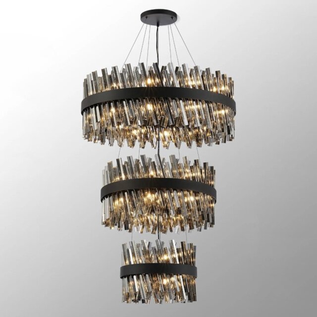 Hampton 3 Tier Ceiling Pendant Light In Satin Black Finish With Smoked Glass 40+60+80cm