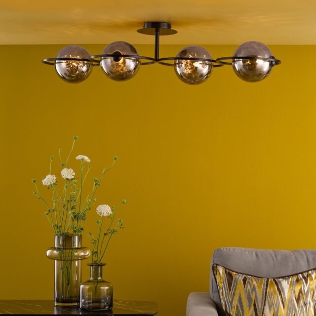 Dar Wisebuys Olympus 4 Light Semi Flush Ceiling Light In Matt Black With Smoked Dimpled Glass