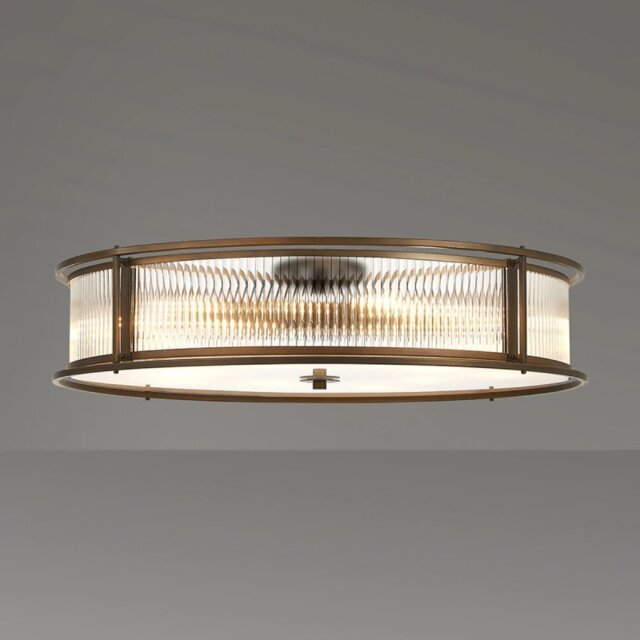 Arcade 80 cm Round Convertible Ceiling Light In Bronze Finish With Clear Ribbed Glass Panels