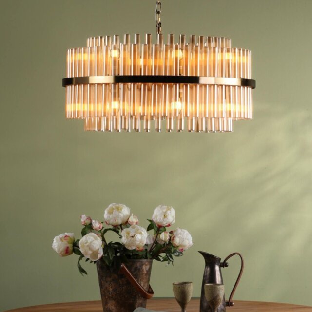 Dar Lighting Imani 16 Light Ceiling Pendant Light In Natural Brass With Champagne Glass