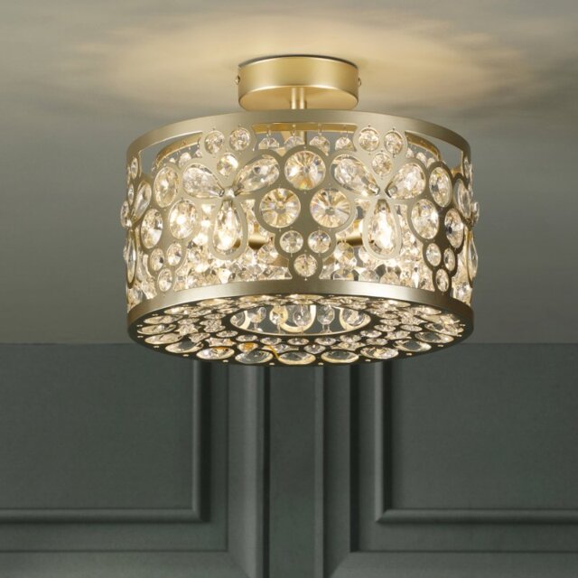 Laura Ashley Tilbrook 3 Light Flush Ceiling Light In Matt Champagne and Crystal LA3756710-Q