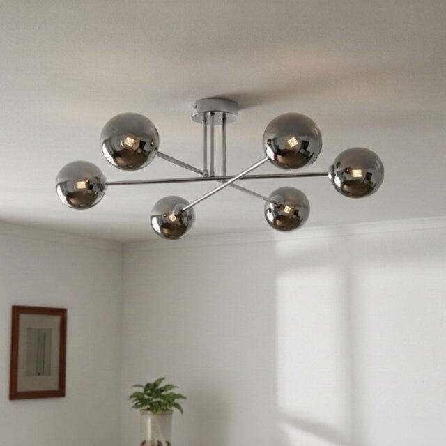 Firstlight 6911CH Lando 6 Light Flush Ceiling Light In Chrome With Smoked Glass Shade