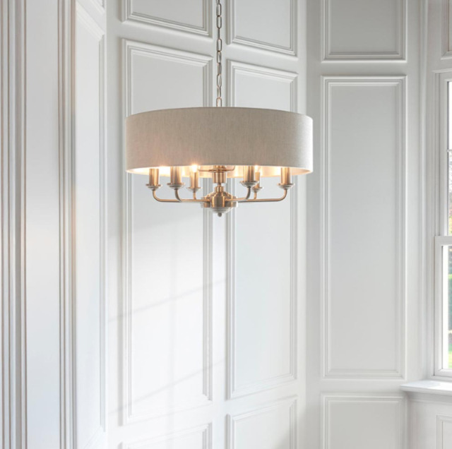 Endon Lighting 94357 Highclere 6 Light Ceiling Pendant In Brushed Chrome With Natural Linen Shade