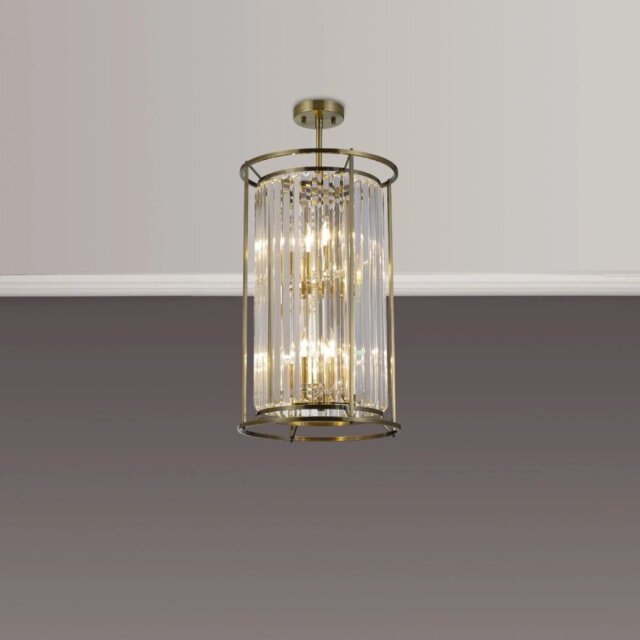 Crown 36 cm Convertible 2 Tier Pendant Or Semi Flush Light In Antique Brass Finish with Crystal Glass