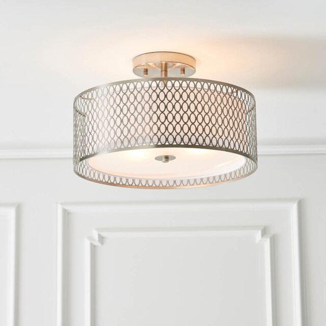 Endon 81966 Cordero 3 Light Flush Ceiling Light In Satin Nickel And White Fabric