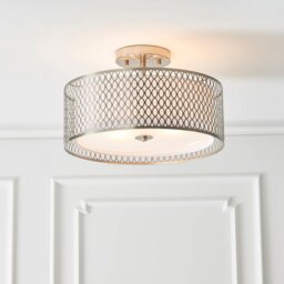 Endon 81966 Cordero 3 Light Flush Ceiling Light In Satin Nickel And White Fabric