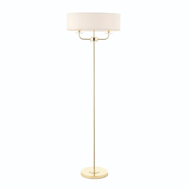 Endon 70563 Nixon 2 Light Floor Lamp In Brass With Crystal And Vintage White Faux Silk Shade