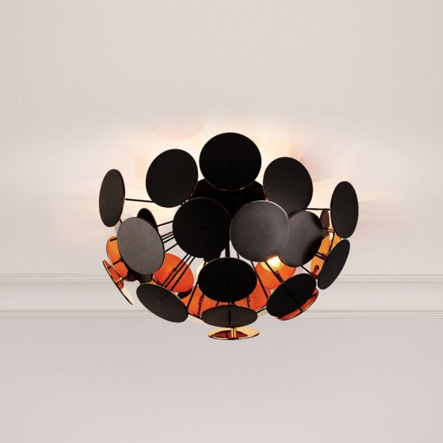 Searchlight Modern Disc 3 Light Semi Flush Ceiling Light In Black And Gold