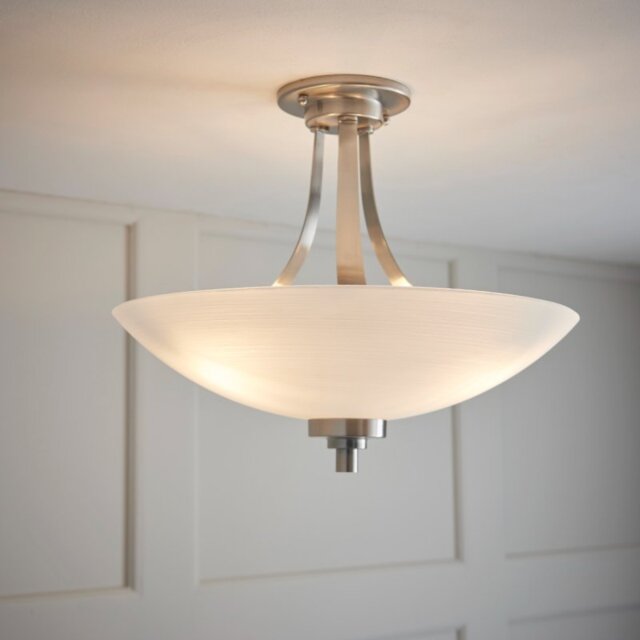 Endon WELLES-3SC 3 Light Grooved Glass Satin Chrome Semi Flush Ceiling Light
