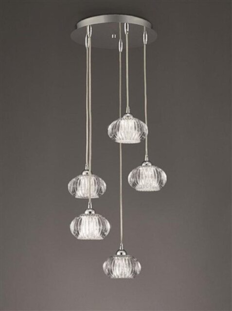 F2344/5 Lizzy 5 Light Ceiling Pendant In Chrome With Clear Modern Effect Glass Shades