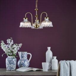 Dar Lighting Maude 3 Light Armed Ceiling Pendant In Natural Brass With Ribbed Glass