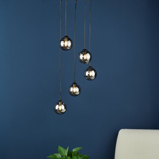 Dar Lighting Federico 5 Light Cluster Ceiling Pendant Light In Black With Smoked Glass