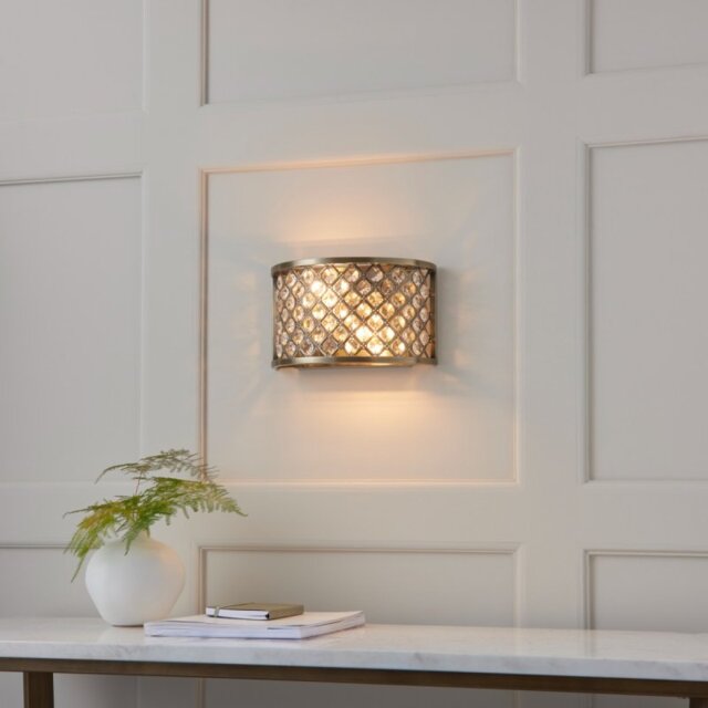 Endon 70559 Hudson 2 Light Wall Light In Antique Brass And Clear Crystal Glass
