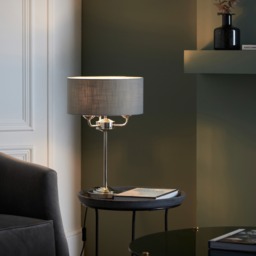 Highclere 3 Light Table Lamp In Bright Nickel Finish And Charcoal Linen Shade