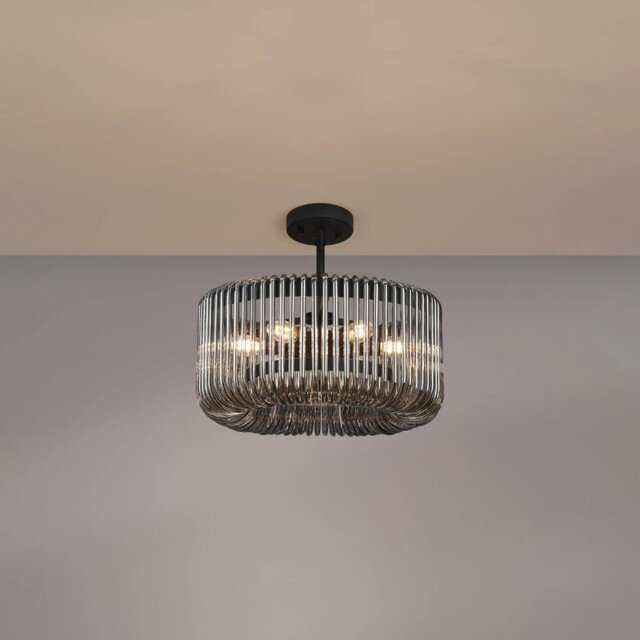 Verne 40 cm Ceiling Pendant / Semi Flush Light In Black Finish With Smoked Glass