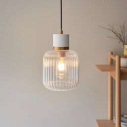 Endon 120667 Travi Ceiling Pendant Light In Vintage Brass With White Marble And Ribbed Glass